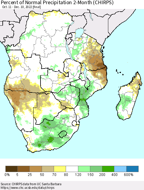 Southern Africa Percent of Normal Precipitation 2-Month (CHIRPS) Thematic Map For 10/11/2022 - 12/10/2022