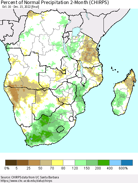 Southern Africa Percent of Normal Precipitation 2-Month (CHIRPS) Thematic Map For 10/16/2022 - 12/15/2022
