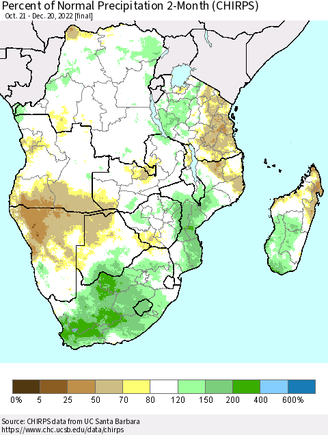 Southern Africa Percent of Normal Precipitation 2-Month (CHIRPS) Thematic Map For 10/21/2022 - 12/20/2022