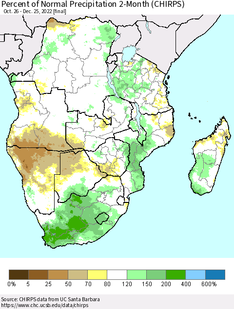 Southern Africa Percent of Normal Precipitation 2-Month (CHIRPS) Thematic Map For 10/26/2022 - 12/25/2022