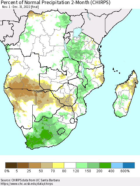 Southern Africa Percent of Normal Precipitation 2-Month (CHIRPS) Thematic Map For 11/1/2022 - 12/31/2022