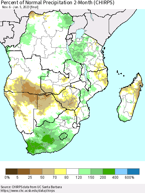 Southern Africa Percent of Normal Precipitation 2-Month (CHIRPS) Thematic Map For 11/6/2022 - 1/5/2023