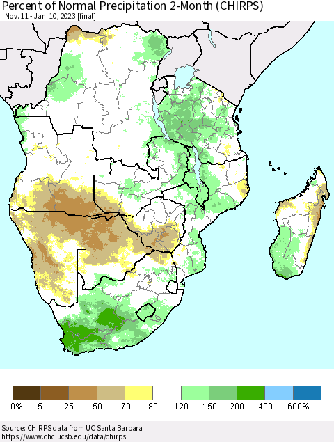Southern Africa Percent of Normal Precipitation 2-Month (CHIRPS) Thematic Map For 11/11/2022 - 1/10/2023