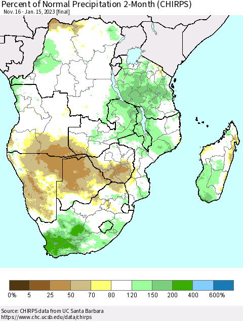 Southern Africa Percent of Normal Precipitation 2-Month (CHIRPS) Thematic Map For 11/16/2022 - 1/15/2023
