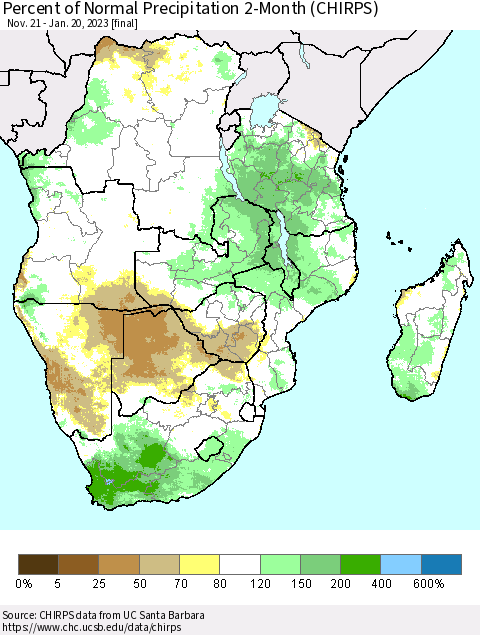 Southern Africa Percent of Normal Precipitation 2-Month (CHIRPS) Thematic Map For 11/21/2022 - 1/20/2023