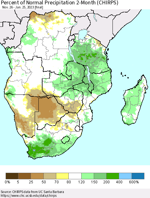 Southern Africa Percent of Normal Precipitation 2-Month (CHIRPS) Thematic Map For 11/26/2022 - 1/25/2023