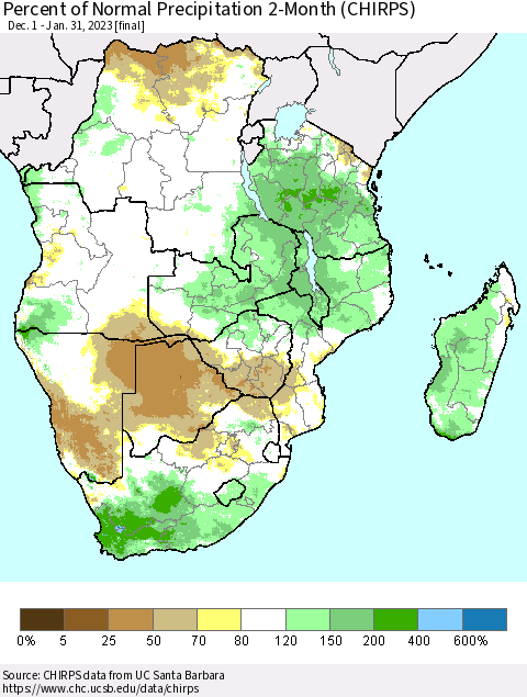 Southern Africa Percent of Normal Precipitation 2-Month (CHIRPS) Thematic Map For 12/1/2022 - 1/31/2023