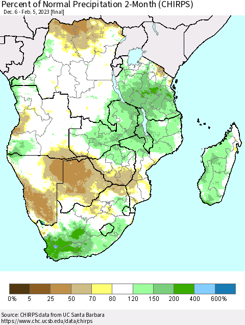 Southern Africa Percent of Normal Precipitation 2-Month (CHIRPS) Thematic Map For 12/6/2022 - 2/5/2023