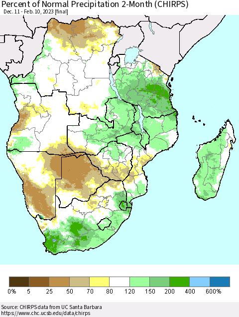 Southern Africa Percent of Normal Precipitation 2-Month (CHIRPS) Thematic Map For 12/11/2022 - 2/10/2023