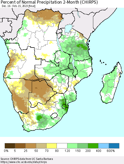 Southern Africa Percent of Normal Precipitation 2-Month (CHIRPS) Thematic Map For 12/16/2022 - 2/15/2023