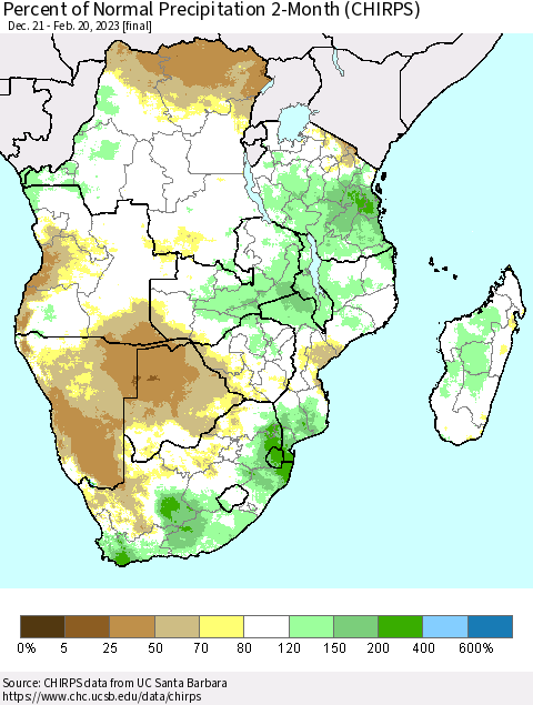 Southern Africa Percent of Normal Precipitation 2-Month (CHIRPS) Thematic Map For 12/21/2022 - 2/20/2023