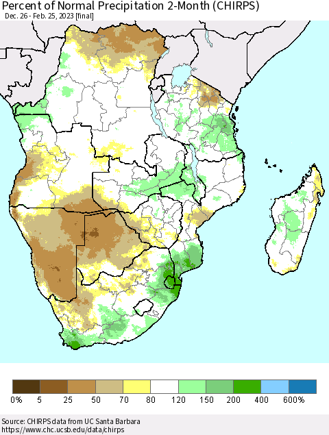 Southern Africa Percent of Normal Precipitation 2-Month (CHIRPS) Thematic Map For 12/26/2022 - 2/25/2023