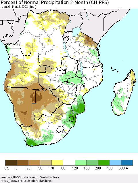 Southern Africa Percent of Normal Precipitation 2-Month (CHIRPS) Thematic Map For 1/6/2023 - 3/5/2023