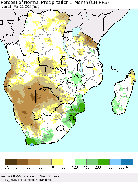 Southern Africa Percent of Normal Precipitation 2-Month (CHIRPS) Thematic Map For 1/11/2023 - 3/10/2023
