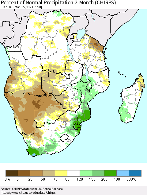 Southern Africa Percent of Normal Precipitation 2-Month (CHIRPS) Thematic Map For 1/16/2023 - 3/15/2023