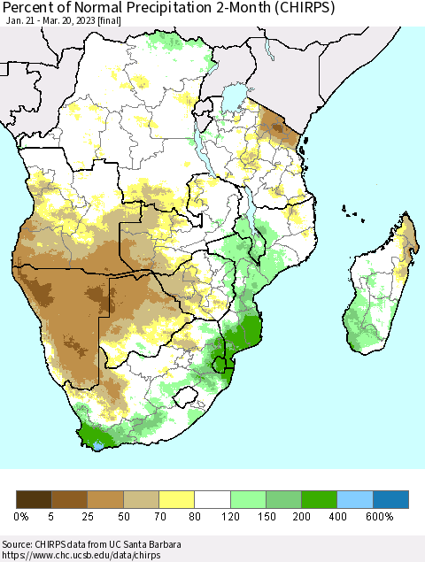 Southern Africa Percent of Normal Precipitation 2-Month (CHIRPS) Thematic Map For 1/21/2023 - 3/20/2023