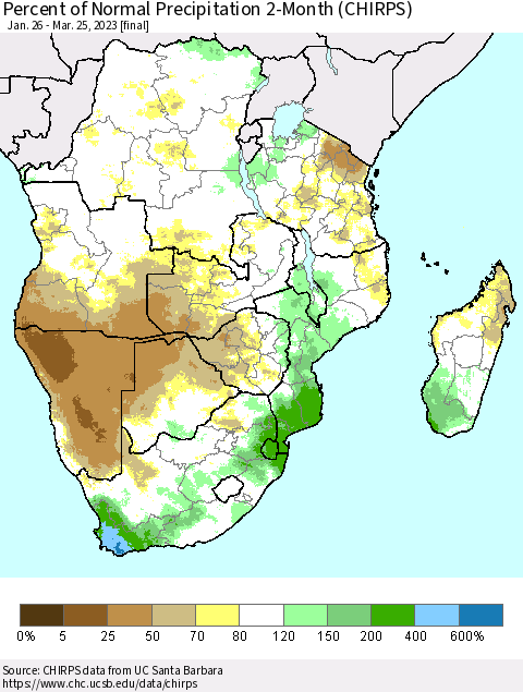 Southern Africa Percent of Normal Precipitation 2-Month (CHIRPS) Thematic Map For 1/26/2023 - 3/25/2023