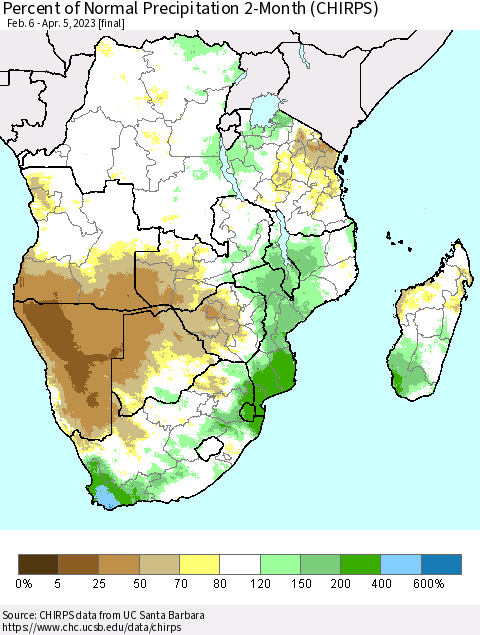 Southern Africa Percent of Normal Precipitation 2-Month (CHIRPS) Thematic Map For 2/6/2023 - 4/5/2023