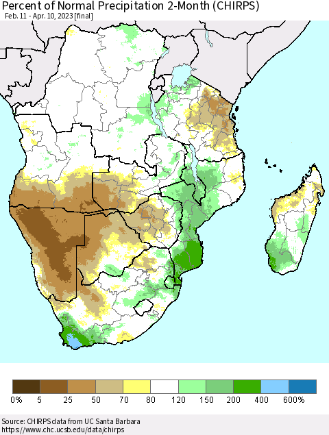 Southern Africa Percent of Normal Precipitation 2-Month (CHIRPS) Thematic Map For 2/11/2023 - 4/10/2023