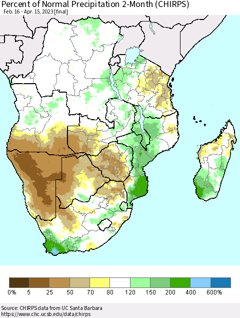 Southern Africa Percent of Normal Precipitation 2-Month (CHIRPS) Thematic Map For 2/16/2023 - 4/15/2023
