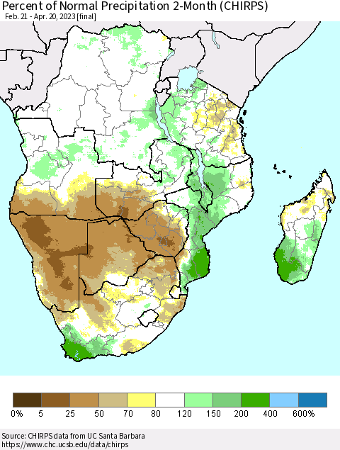 Southern Africa Percent of Normal Precipitation 2-Month (CHIRPS) Thematic Map For 2/21/2023 - 4/20/2023
