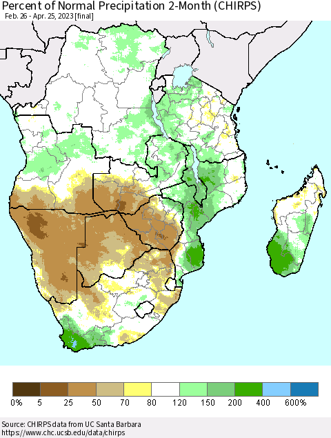 Southern Africa Percent of Normal Precipitation 2-Month (CHIRPS) Thematic Map For 2/26/2023 - 4/25/2023