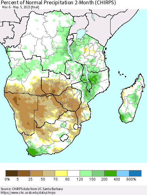 Southern Africa Percent of Normal Precipitation 2-Month (CHIRPS) Thematic Map For 3/6/2023 - 5/5/2023