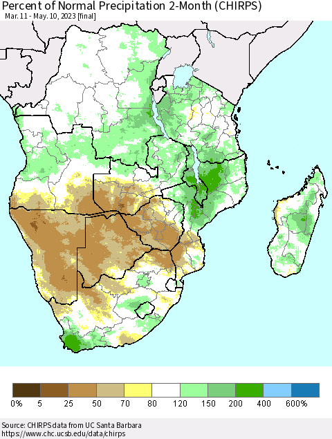 Southern Africa Percent of Normal Precipitation 2-Month (CHIRPS) Thematic Map For 3/11/2023 - 5/10/2023