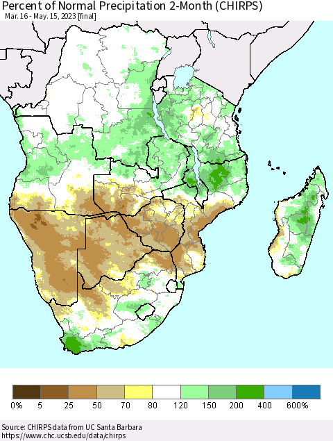 Southern Africa Percent of Normal Precipitation 2-Month (CHIRPS) Thematic Map For 3/16/2023 - 5/15/2023