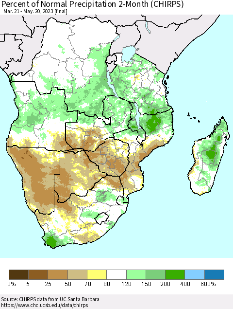 Southern Africa Percent of Normal Precipitation 2-Month (CHIRPS) Thematic Map For 3/21/2023 - 5/20/2023