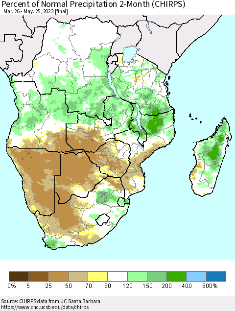 Southern Africa Percent of Normal Precipitation 2-Month (CHIRPS) Thematic Map For 3/26/2023 - 5/25/2023