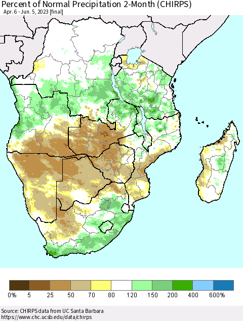Southern Africa Percent of Normal Precipitation 2-Month (CHIRPS) Thematic Map For 4/6/2023 - 6/5/2023