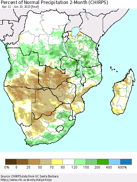 Southern Africa Percent of Normal Precipitation 2-Month (CHIRPS) Thematic Map For 4/11/2023 - 6/10/2023