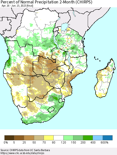 Southern Africa Percent of Normal Precipitation 2-Month (CHIRPS) Thematic Map For 4/16/2023 - 6/15/2023