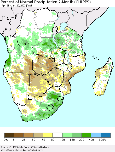 Southern Africa Percent of Normal Precipitation 2-Month (CHIRPS) Thematic Map For 4/21/2023 - 6/20/2023