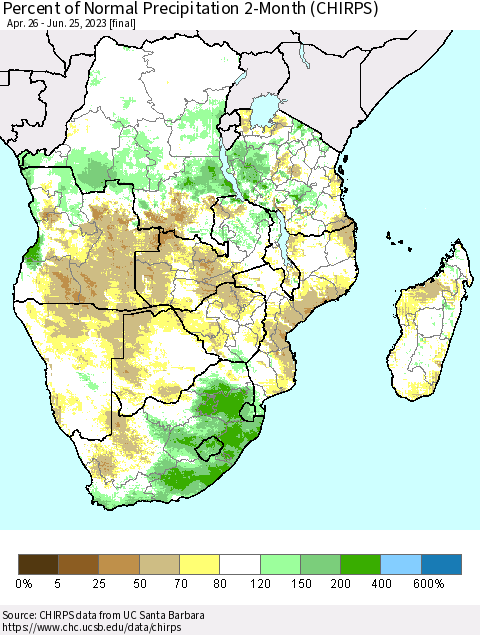 Southern Africa Percent of Normal Precipitation 2-Month (CHIRPS) Thematic Map For 4/26/2023 - 6/25/2023