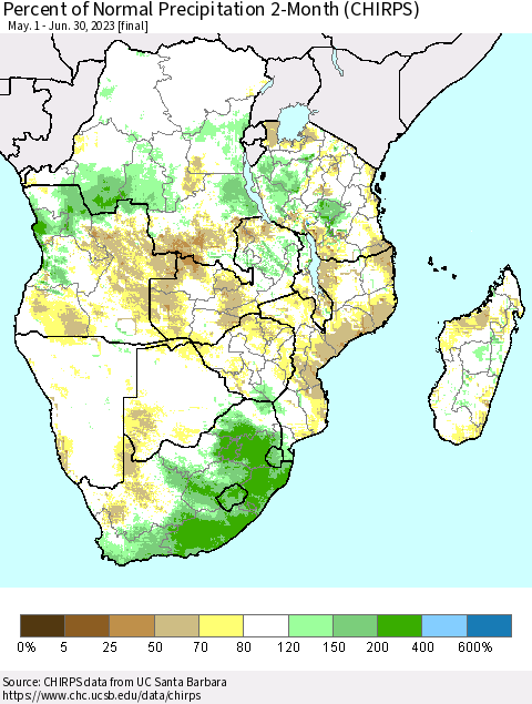 Southern Africa Percent of Normal Precipitation 2-Month (CHIRPS) Thematic Map For 5/1/2023 - 6/30/2023
