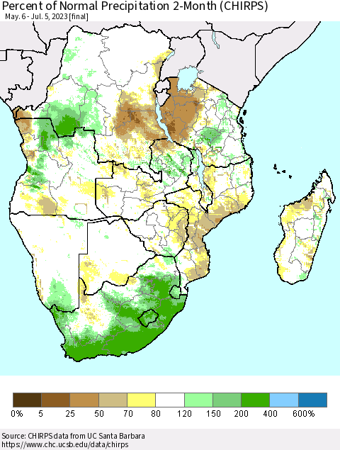 Southern Africa Percent of Normal Precipitation 2-Month (CHIRPS) Thematic Map For 5/6/2023 - 7/5/2023