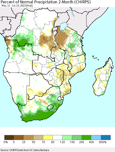Southern Africa Percent of Normal Precipitation 2-Month (CHIRPS) Thematic Map For 5/11/2023 - 7/10/2023