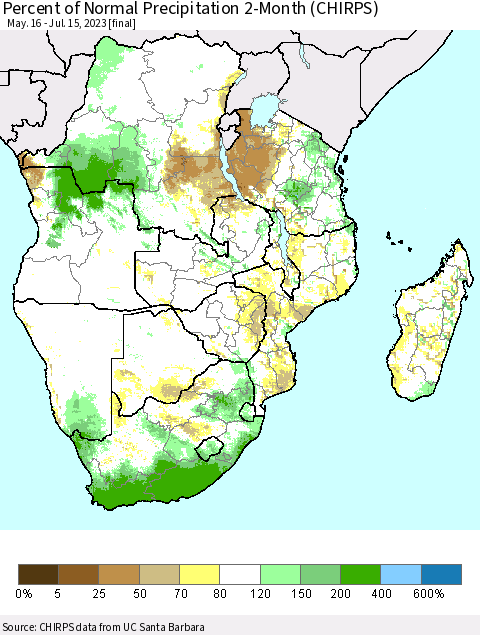 Southern Africa Percent of Normal Precipitation 2-Month (CHIRPS) Thematic Map For 5/16/2023 - 7/15/2023