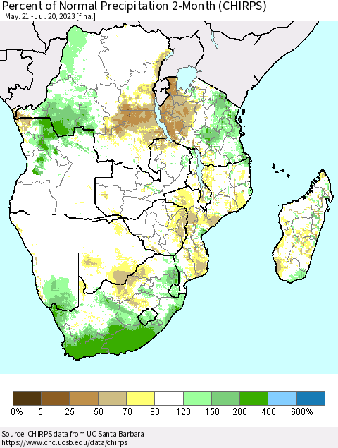 Southern Africa Percent of Normal Precipitation 2-Month (CHIRPS) Thematic Map For 5/21/2023 - 7/20/2023