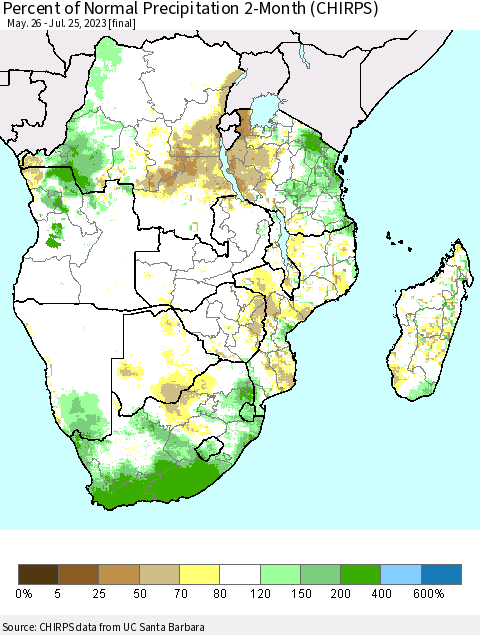 Southern Africa Percent of Normal Precipitation 2-Month (CHIRPS) Thematic Map For 5/26/2023 - 7/25/2023