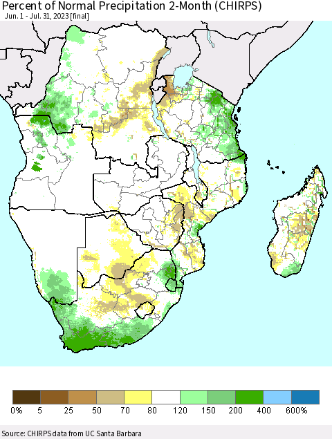Southern Africa Percent of Normal Precipitation 2-Month (CHIRPS) Thematic Map For 6/1/2023 - 7/31/2023