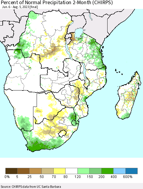 Southern Africa Percent of Normal Precipitation 2-Month (CHIRPS) Thematic Map For 6/6/2023 - 8/5/2023