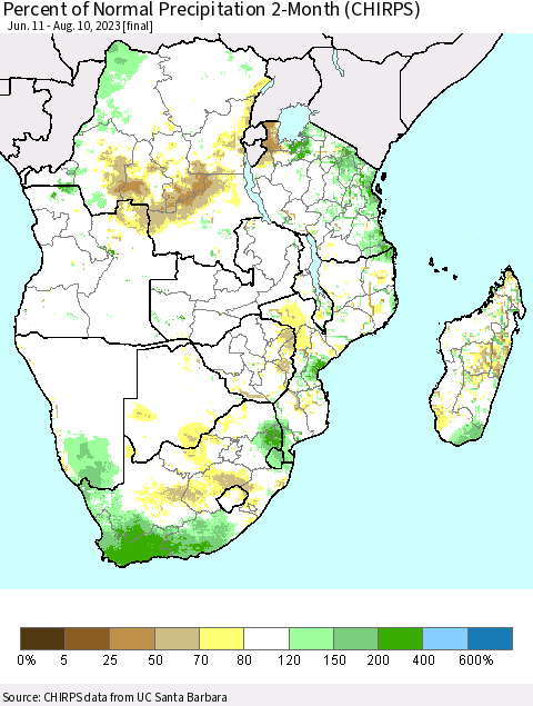 Southern Africa Percent of Normal Precipitation 2-Month (CHIRPS) Thematic Map For 6/11/2023 - 8/10/2023