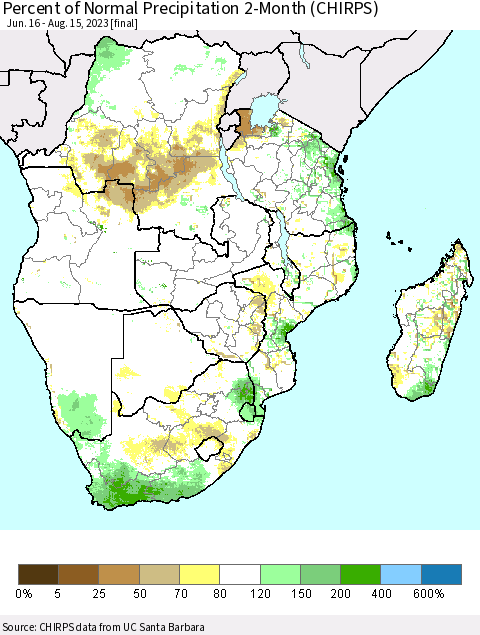 Southern Africa Percent of Normal Precipitation 2-Month (CHIRPS) Thematic Map For 6/16/2023 - 8/15/2023