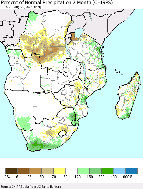 Southern Africa Percent of Normal Precipitation 2-Month (CHIRPS) Thematic Map For 6/21/2023 - 8/20/2023