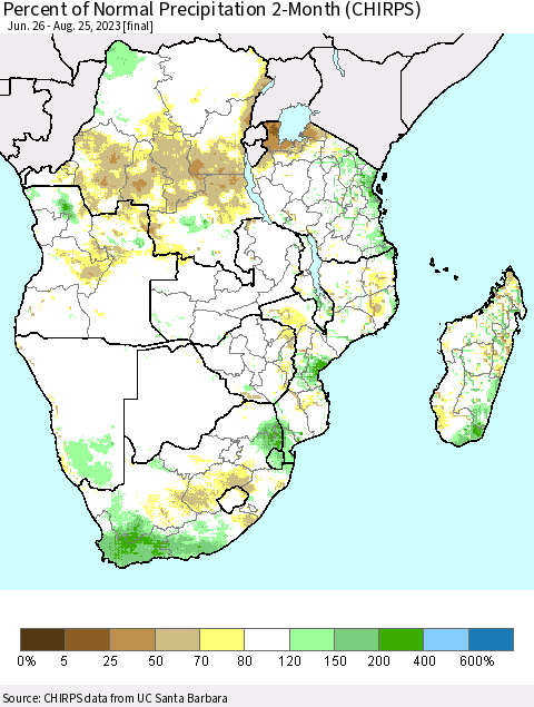 Southern Africa Percent of Normal Precipitation 2-Month (CHIRPS) Thematic Map For 6/26/2023 - 8/25/2023