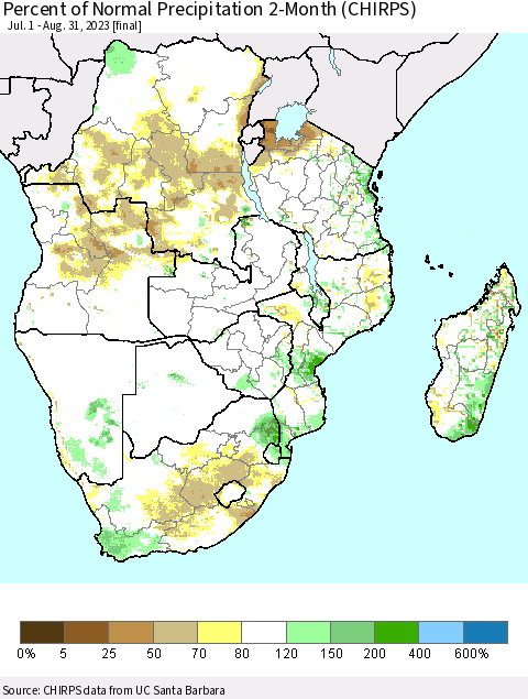 Southern Africa Percent of Normal Precipitation 2-Month (CHIRPS) Thematic Map For 7/1/2023 - 8/31/2023