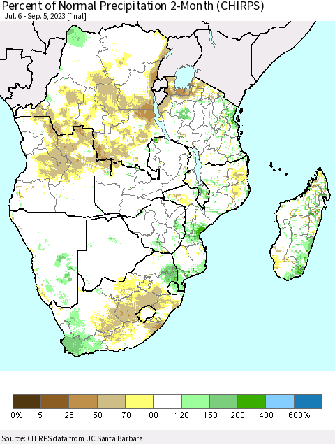 Southern Africa Percent of Normal Precipitation 2-Month (CHIRPS) Thematic Map For 7/6/2023 - 9/5/2023